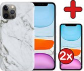 Hoes voor iPhone 11 Pro Max Hoesje Marmer Hardcover Fashion Case Hoes Met 2x Screenprotector - Hoes voor iPhone 11 Pro Max Marmer Hoesje Hardcase Back Cover - Wit x Grijs