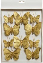 6x stuks decoratie vlinders op clip glimmend goud 8 cm - Bruiloftversiering/kerstversiering decoratievlinders
