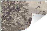 Tuindecoratie Watervogels en een hond - Schilderij van Melchior d'Hondecoeter - 60x40 cm - Tuinposter - Tuindoek - Buitenposter