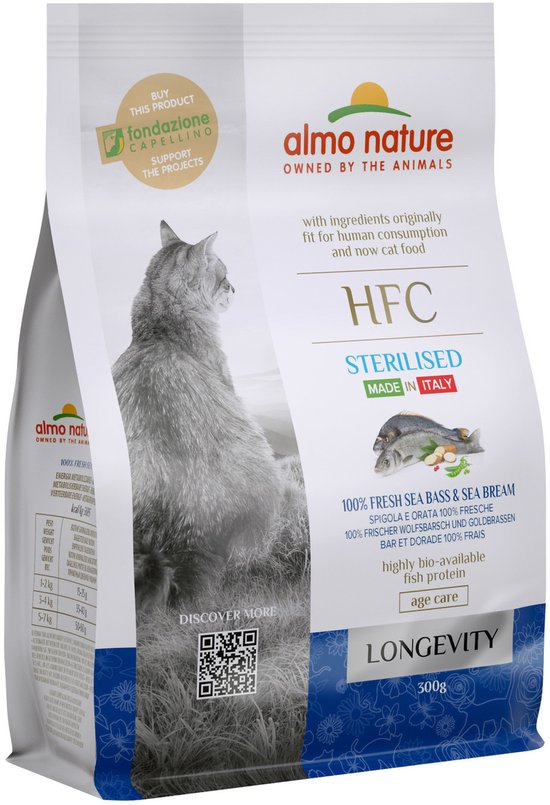 Almo Nature - Kat HFC Longevity Sterilized brokken voor oudere gecastreerde / gesteriliseerde katten - zeebaars en zeebrasem of varkensvlees - 1,2kg, 300gr - Varkensvlees, Gewicht: 300g