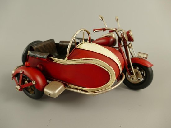 art en métal - moto antique avec side-car - rouge - 15 cm de haut
