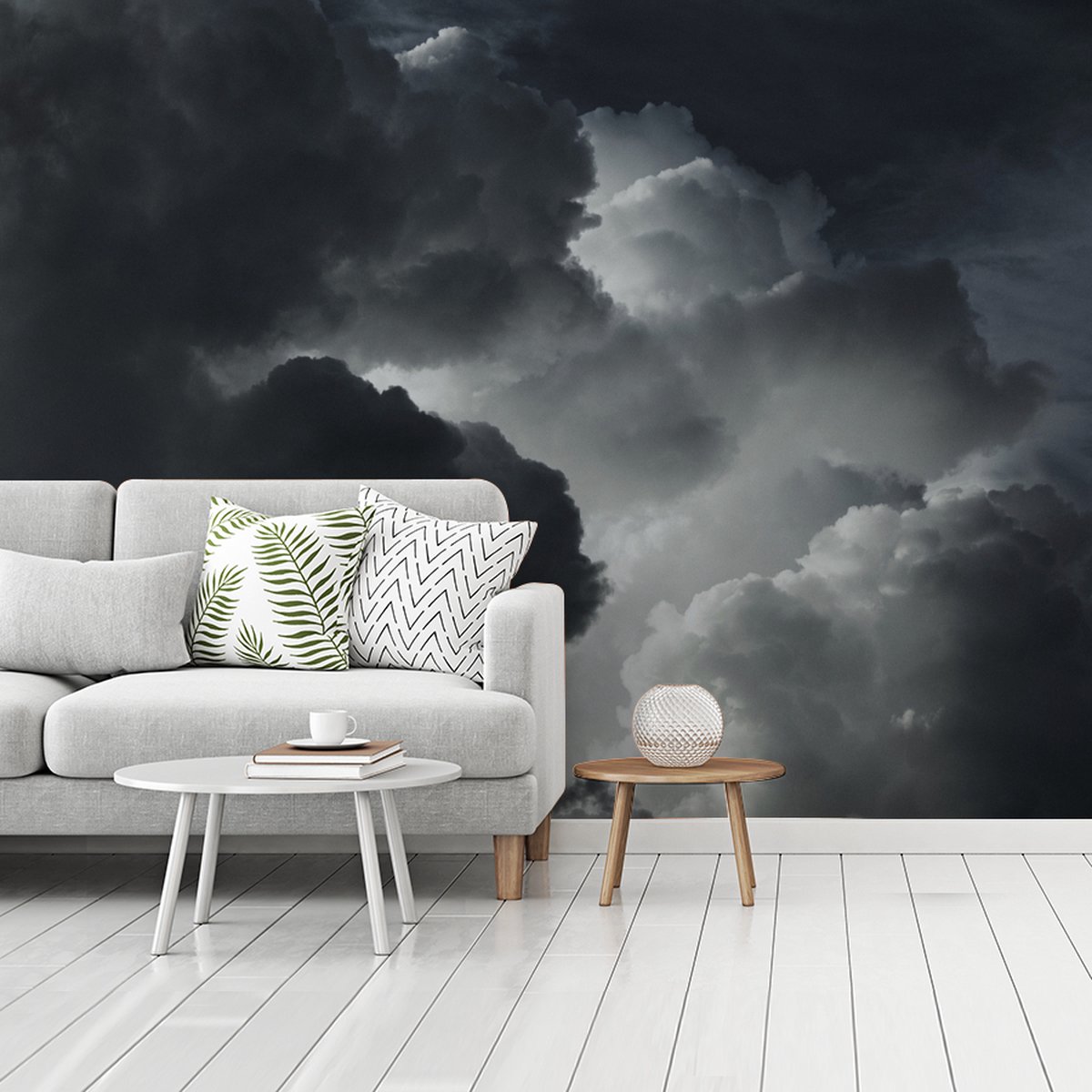 Behang - Fotobehang Zwart-witte wolken - Breedte 320 cm x hoogte 240 cm