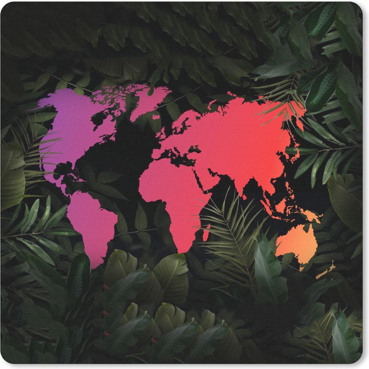 Muismat 30x30 cm - Mousepad Wereldkaart - Kleuren - Bladeren - Muismatten