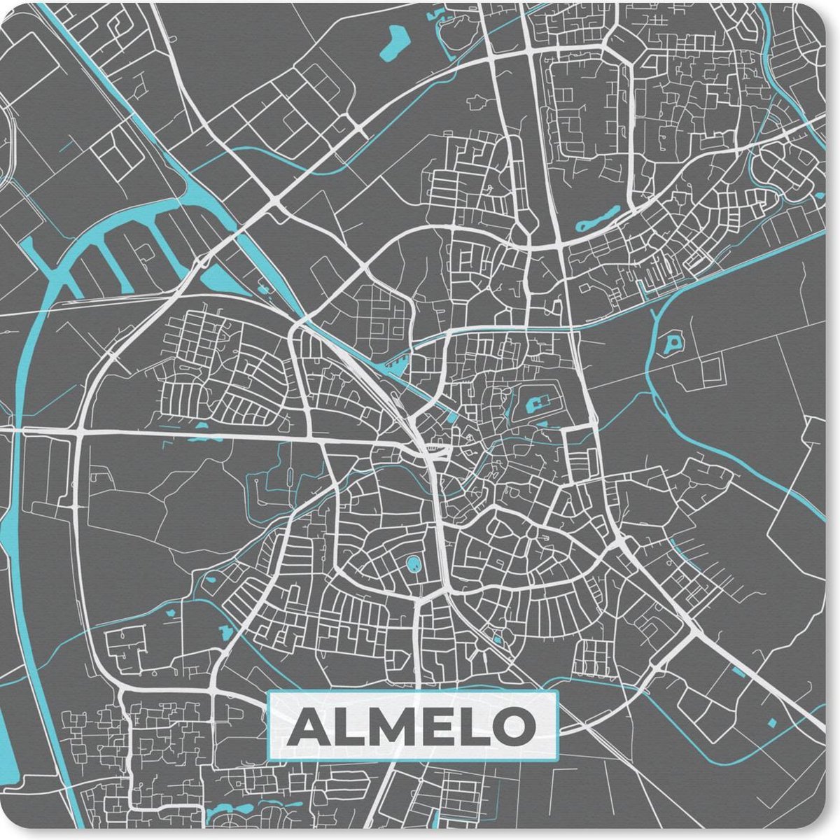 Muismat 20x20 cm - Mousepad Plattegrond - Almelo - Grijs - Blauw - Muismatten - Stadskaart