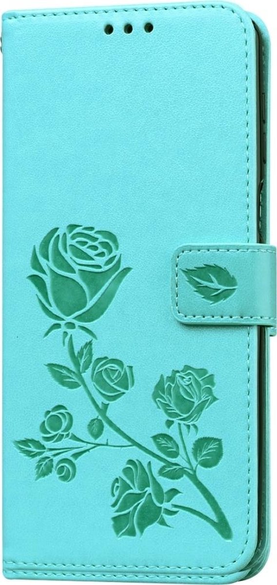Mobigear Telefoonhoesje geschikt voor Xiaomi Redmi Note 9 Pro Hoesje | Mobigear Roses Bookcase Portemonnee | Pasjeshouder voor 2 Pasjes | Telefoonhoesje voor Pinpas / OV Kaart / Rijbewijs - Turquoise
