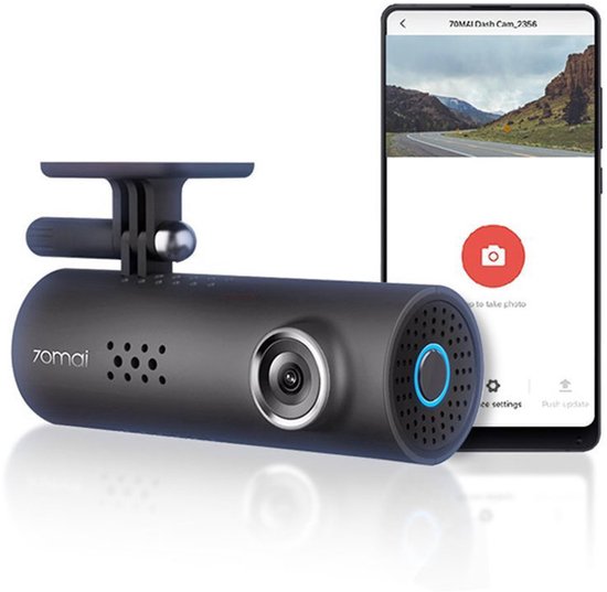Zwart 70Mai dashcam met een smartphone ernaast die de bedieningsapp toont.
