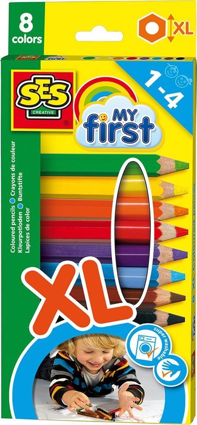 SES - My First - Kleurpotloden XL - korte en dikke potloden - 8 verschillende kleuren - ergonomische grip