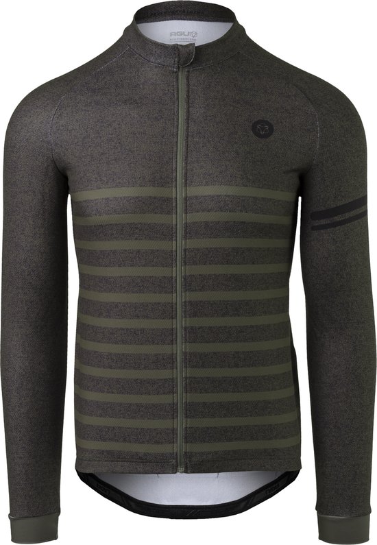 Heren fietsshirt met lange mouwen, groen met donkere horizontale strepen en een logo op de borst.