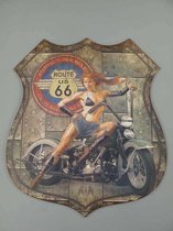 Metalen wandbord - Route 66 Dame op motorfiets - Vintage wanddecoratie - 80 cm hoog