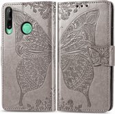 Voor Huawei Y7P Butterfly Love Flower reliÃ«f horizontale flip lederen tas met beugel / kaartsleuf / portemonnee / lanyard (grijs)