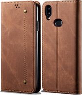 Voor Galaxy A10s denim textuur casual stijl horizontale flip lederen tas met houder en kaartsleuven en portemonnee (bruin)