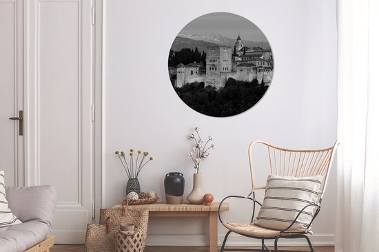 WallCircle - Muurstickers - Behangcirkel - Zwart-wit beeld verlichte muren van het Alhambra in Spanje - 100x100 cm - Muurcirkel - Zelfklevend - Ronde Behangsticker XXL - Merkloos