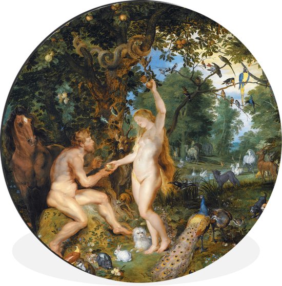 WallCircle - Wandcirkel - Muurcirkel - Het aardse paradijs met de zondeval van Adam en Eva - Schilderij van Peter Paul Rubens - Aluminium - Dibond - ⌀ 140 cm - Binnen en Buiten