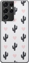 Samsung Galaxy S21 Ultra hoesje siliconen - Cactus hartjes - Soft Case Telefoonhoesje - Planten - Zwart