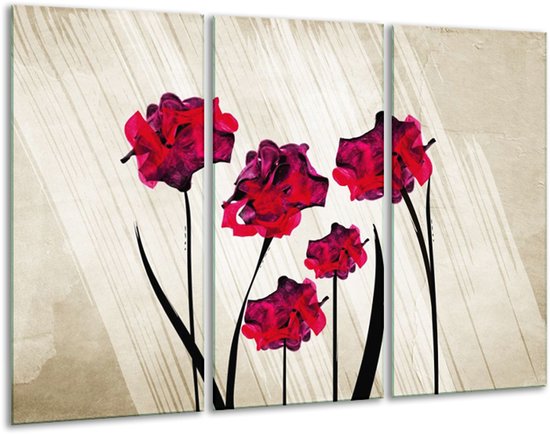 Glasschilderij Klaproos - Rood, Crème, Zwart - 120x80cm 3Luik - Foto Op Glas - Geen Acrylglas Schilderij - GroepArt 6000+ Glas Art Collectie - Maatwerk Mogelijk