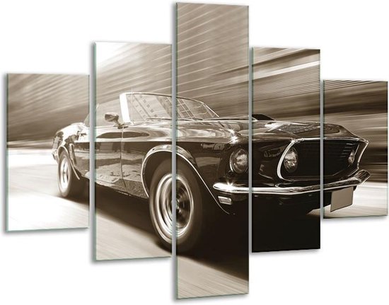 Glasschilderij -  Auto, Mustang - Sepia - 100x70cm 5Luik - Geen Acrylglas Schilderij - GroepArt 6000+ Glasschilderijen Collectie - Wanddecoratie- Foto Op Glas