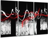 Glasschilderij Abstract - Zwart, Wit, Rood - 120x80cm 3Luik - Foto Op Glas - Geen Acrylglas Schilderij - GroepArt 6000+ Glas Art Collectie - Maatwerk Mogelijk
