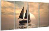 GroepArt - Glasschilderij - Zeilboot - Wit, Grijs, Bruin - 160x80cm 4Luik - Foto Op Glas - Geen Acrylglas Schilderij - 6000+ Glasschilderijen Collectie - Wanddecoratie