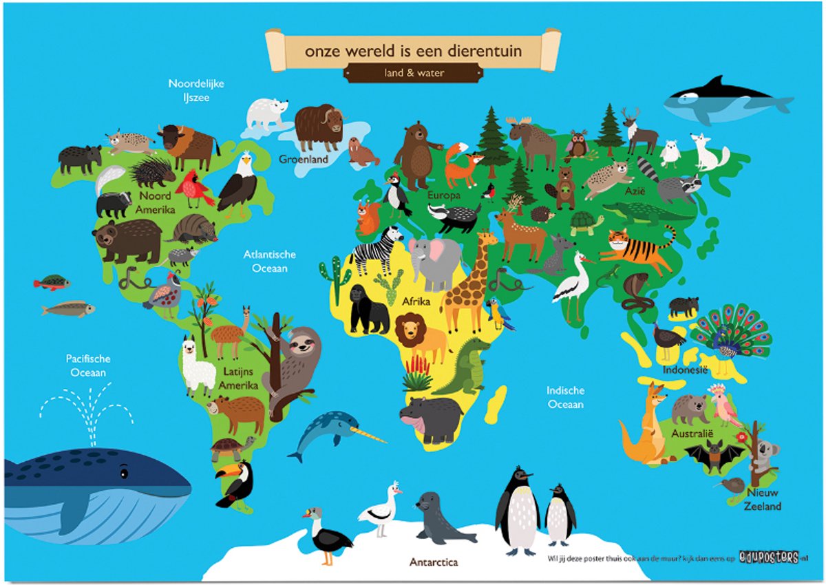 eduposters Educatieve poster (Posterpapier) - Topografie wereld land en water - 59.4 x 42 cm (A2) Blauw