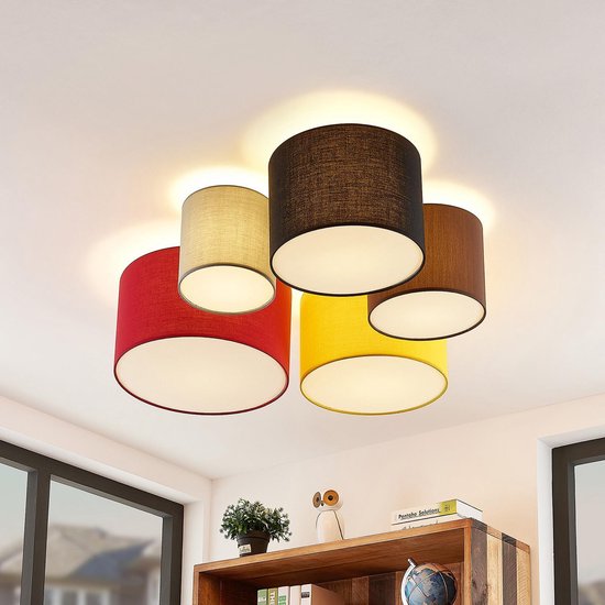 Lindby - plafondlamp - 5 lichts - stof, metaal - H: 25.5 cm - E27 - grijs, bruin, zwart, rood, geel