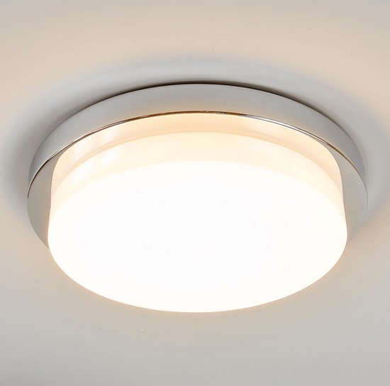 Lindby - Plafondlamp badkamer - 1licht - polycarbonaat, metaal - H: 5.8 cm - opaalwit, chroom - Inclusief lichtbron