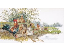 Thea Gouverneur - Borduurpakket met telpatroon - 2038 - Voorgesorteerde DMC Garens - Kippen - Linnen - 37 cm x 68 cm - DIY Kit
