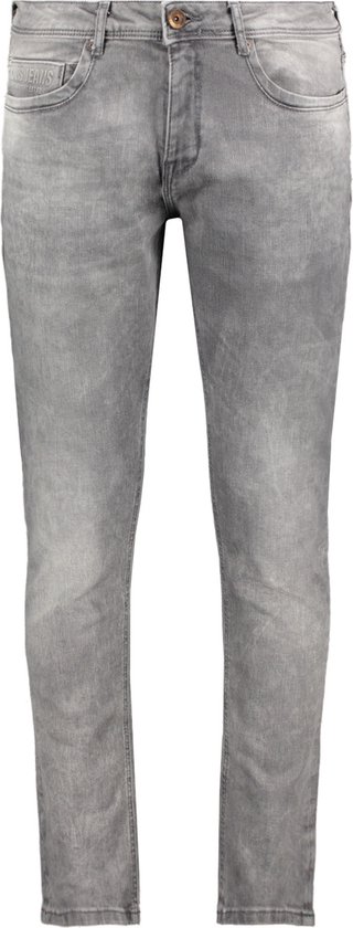Grijze jeans met stone washed effect, zichtbaar van voren.