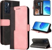 Voor OPPO Reno6 5G Zakelijke Stiksels-Kleur Horizontale Flip PU Lederen Case met Houder & Kaartsleuven & Fotolijst & Lanyard (Roze)