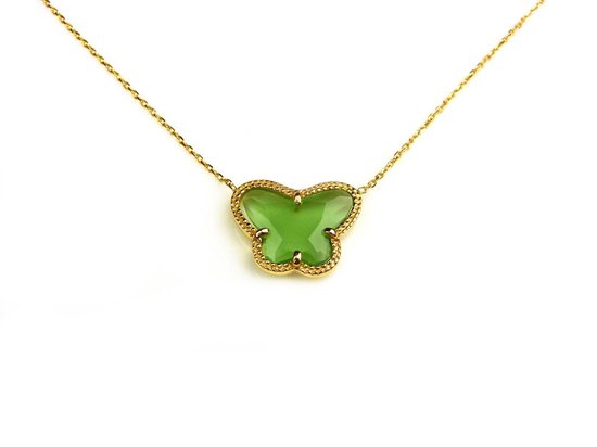 korte zilveren halsketting halssnoer collier geelgoud verguld Model Vlinder met groene steen