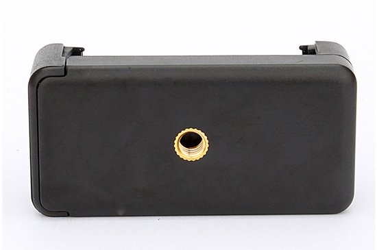 Zwarte telefoonhouder met gouden schroefdraad in het midden.