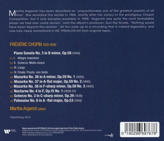 Achterkant albumhoes van Chopin: The Legendary 1965 Recording, met tracklist en info.