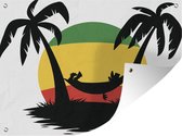 Tuinposter - Tuindoek - Tuinposters buiten - Een illustratie van het ontspannen in een hangmat met reggae kleuren - 120x90 cm - Tuin
