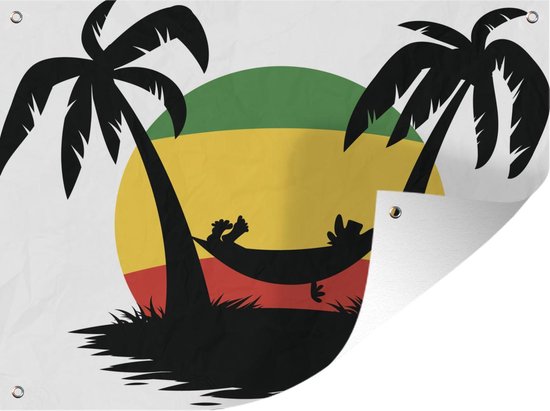 Een illustratie van het ontspannen in een hangmat met reggae kleuren
