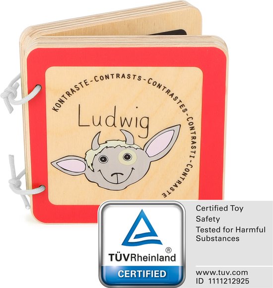 Houten baby boekjes / Plaatjes boek – Ludwig het geitje – Contrast – interactief – FSC® – Baby speelgoed vanaf 1 jaar