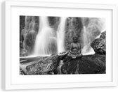 Foto in frame ,Boeddha voor een Waterval , 120x80cm , Zwart wit, Premium print