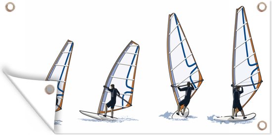 Tuinposter Een illustratie van vier poses tijdens het windsurfen - 80x40 cm - Wanddecoratie Buiten - Tuinposter - Tuindoek - Schuttingposter - Tuinschilderij