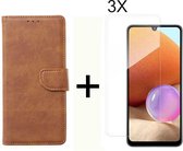 BixB Samsung A32 4G hoesje - Met 3x screenprotector / tempered glass - Book Case Wallet - Bruin