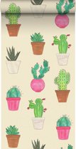 ESTAhome vlies wallpaper XXL cactussen groen, roze en beige - 158604 - 46,5 cm x 8,37 m