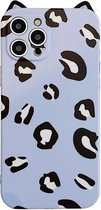 Cat Ear Leopard Print TPU Straight Edge-beschermhoes met lanyard voor iPhone 12 Pro (blauw paars)