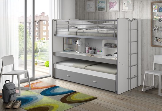 Lit mezzanine Bonny 80 avec bureau et tiroir de lit - gris - Vipack - Lits mezzanines avec bureau - Gris - Métal|Panneaux de particules - Lits mezzanines avec bureau