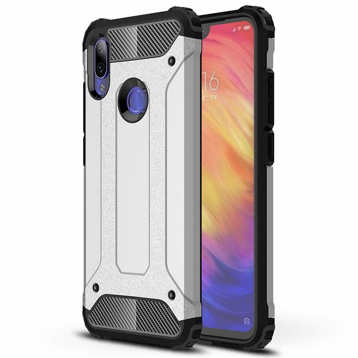 Ntech Hoesje Geschikt voor Xiaomi Note 7 Dual layer Armor Hoesje - Zilver