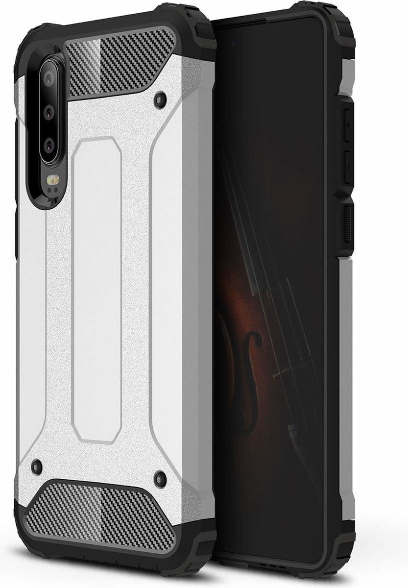 Ntech Hoesje Geschikt voor Huawei P30 Dual layer Armor Hoesje - Zilver