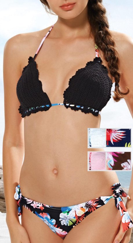 Stevige Dames bikini set met blomen-print  | uitneembare vulling_valentijn cadeautje voor haar-valentijnsdag-valentijnsdag cadeau-zwart, M