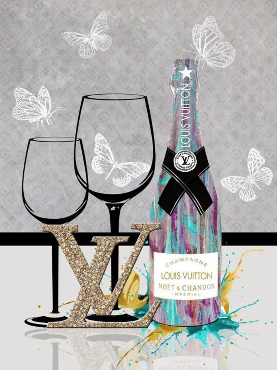 60 x 80 cm - Champagne par Louis Vuitton - Peinture sur verre avec feuille  d'or 