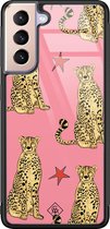 Samsung S21 hoesje glass - The pink leopard | Samsung Galaxy S21  case | Hardcase backcover zwart