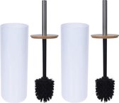 2x Witte toiletborstel houders met bamboe 26 cm - Badkamer/toiletaccessoires - Wc-borstel houders