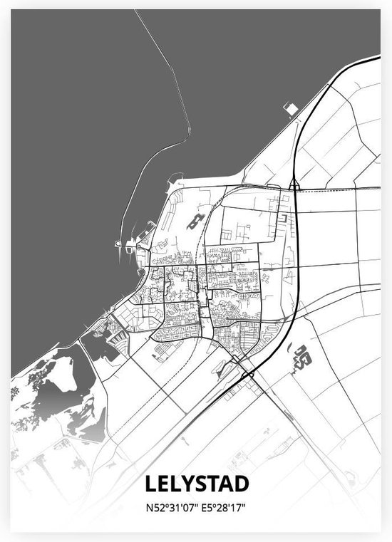 Lelystad plattegrond - A4 poster - Zwart witte stijl