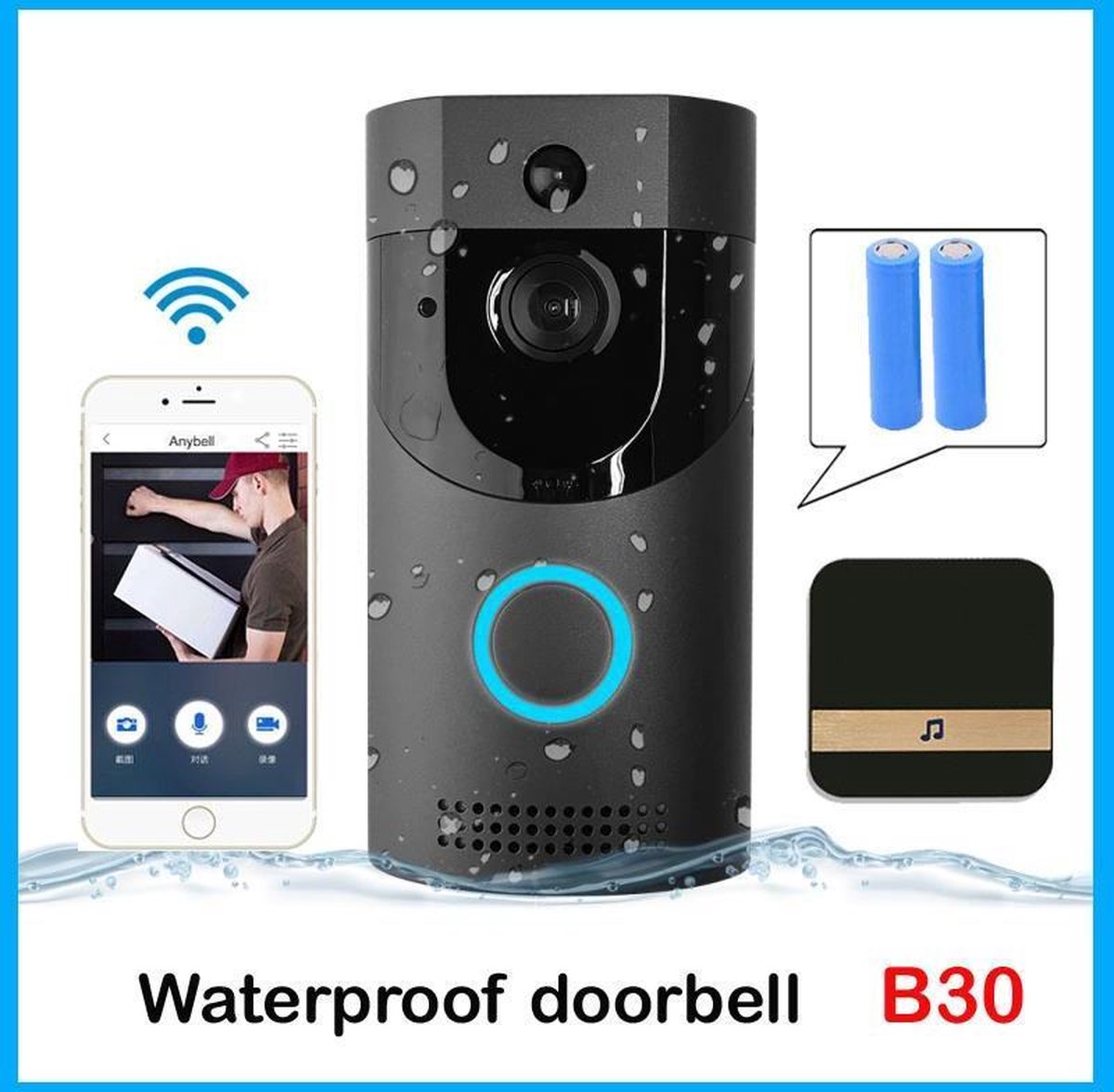 Deurbel Anytek B30 WIFI Doorbell B30 IP65 waterproof Smart video Door chime 720P wireless intercom FIR Alarm IR night vision IP camera