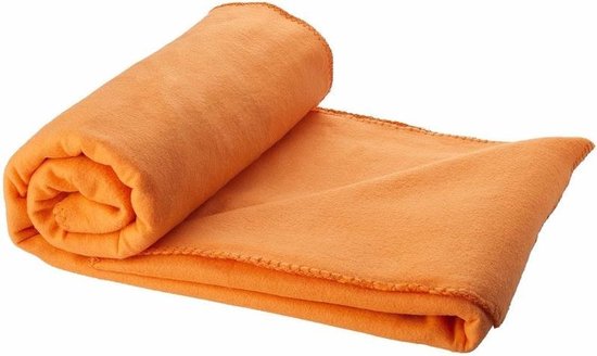 2x Fleece deken oranje 150 x 120 cm - reisdeken met tasje