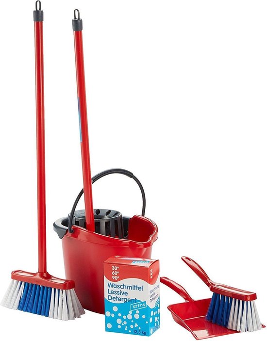 Klein Toys Vileda reinigingswagen - dweil, bezem en verscheidene huishoudelijke accessoires - 61 cm lange dweil - 55,5 cm lange bezem - rood blauw - Klein